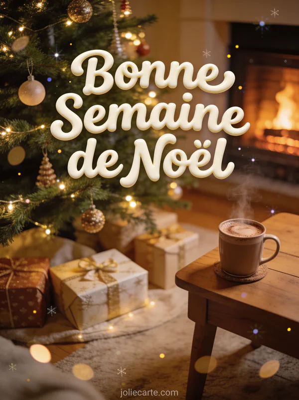 Sapin de Noël décoré avec cadeaux et chocolat chaud devant cheminée, photo bonne semaine Noël