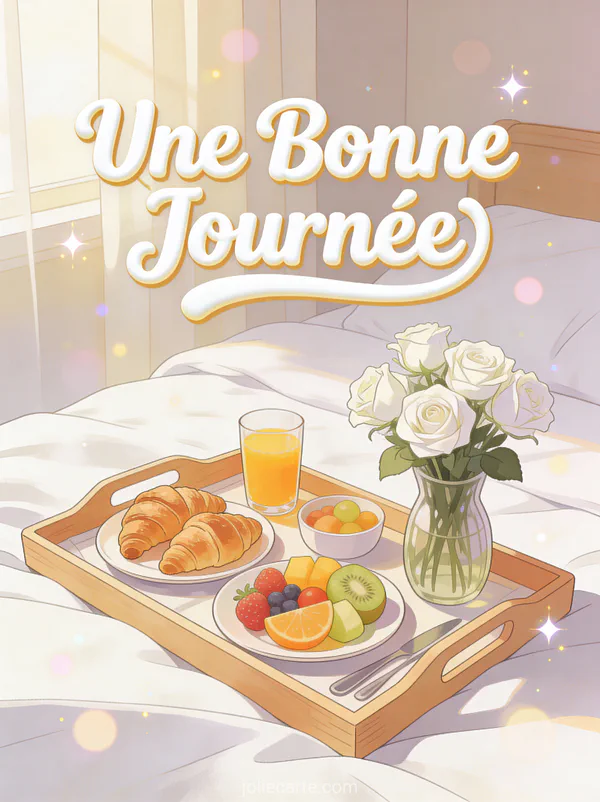 Plateau petit-déjeuner avec croissants fruits frais jus d'orange et roses blanches sur lit