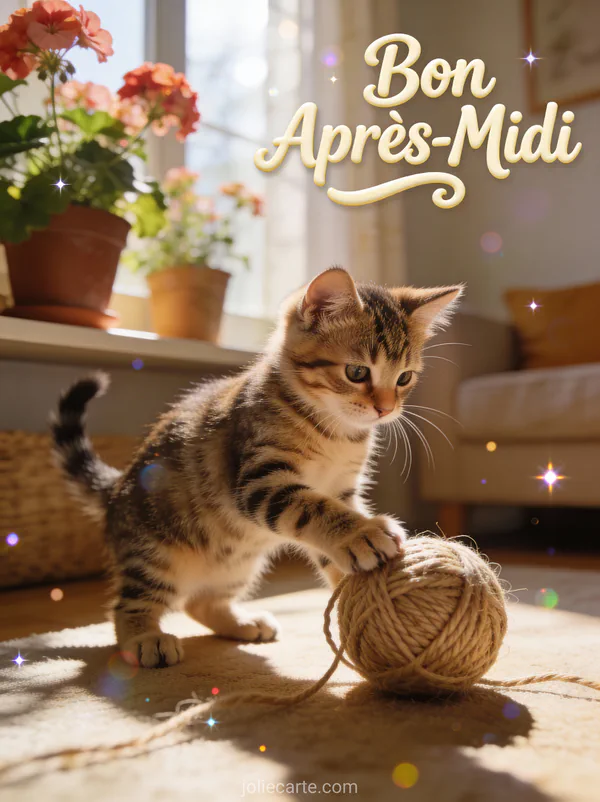 Chaton tigré jouant avec une pelote de laine près de géraniums en pot