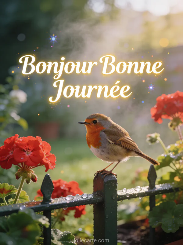 Rouge-gorge sur clôture de jardin avec rosée et géraniums rouges dans la brume matinale