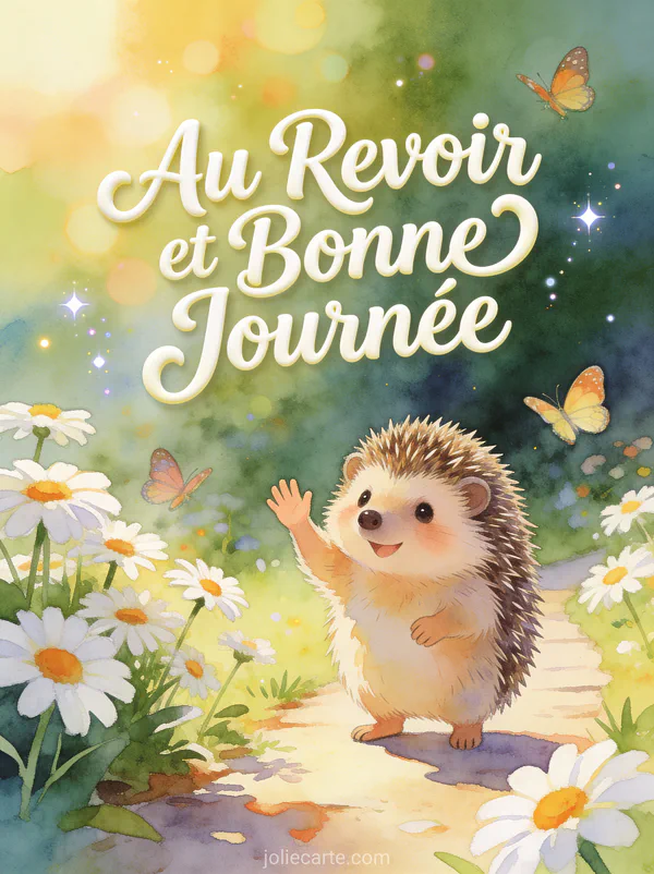 Illustration aquarelle d'un hérisson faisant signe dans un jardin fleuri