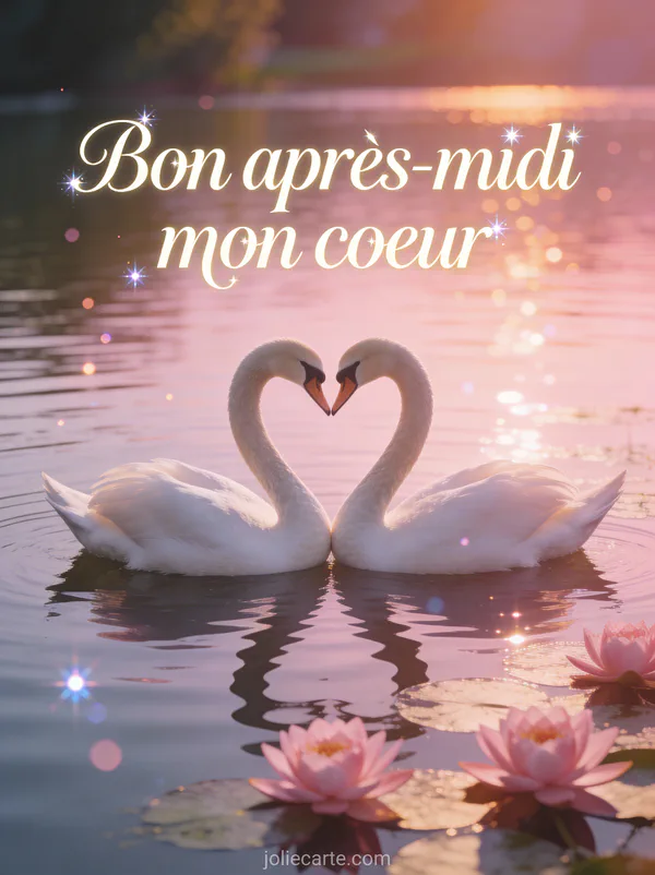 Deux cygnes formant un coeur sur un étang avec nénuphars roses au coucher du soleil