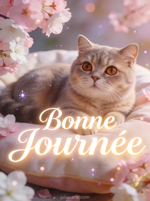 Chat British Shorthair aux yeux ambrés sur coussin entouré de fleurs de cerisier roses