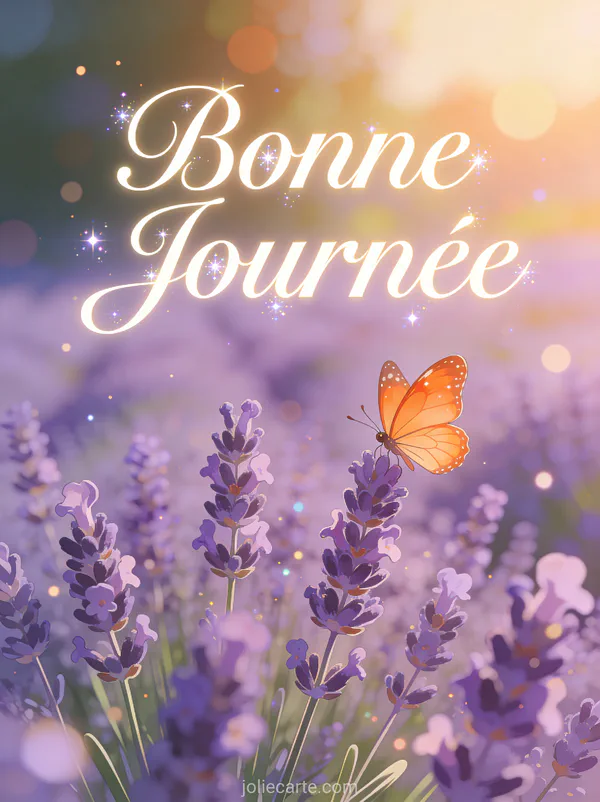 Papillon orange sur fleurs de lavande violettes avec lumière dorée et bokeh