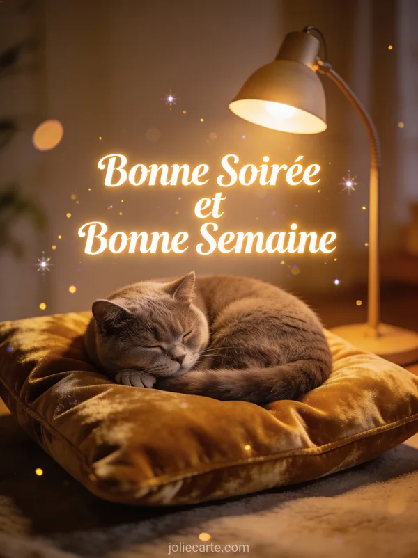 Chat British Shorthair sur coussin de velours sous lampe de lecture, photo bonne soirée bonne semaine