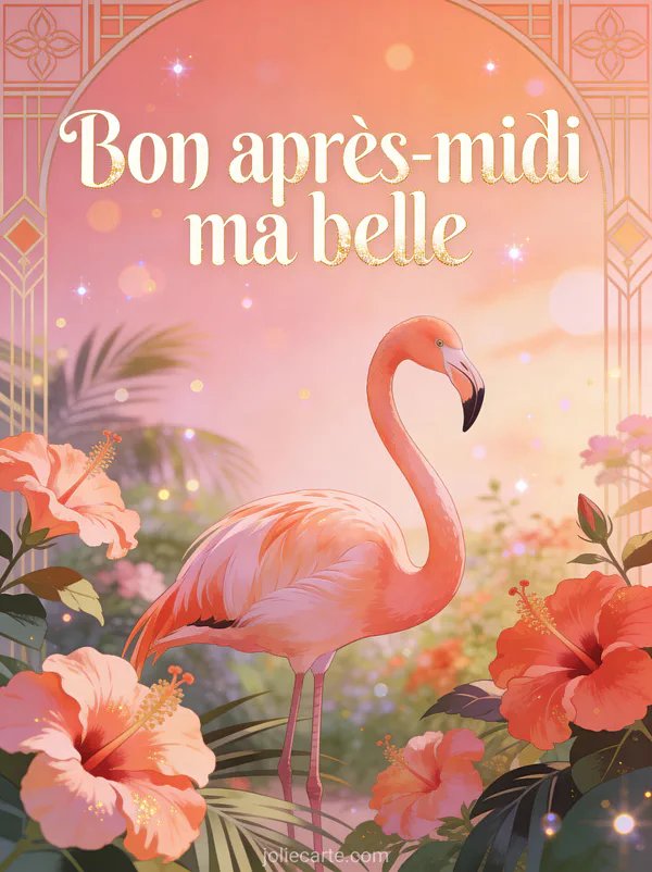 Illustration art déco d'un flamant rose parmi des hibiscus tropicaux