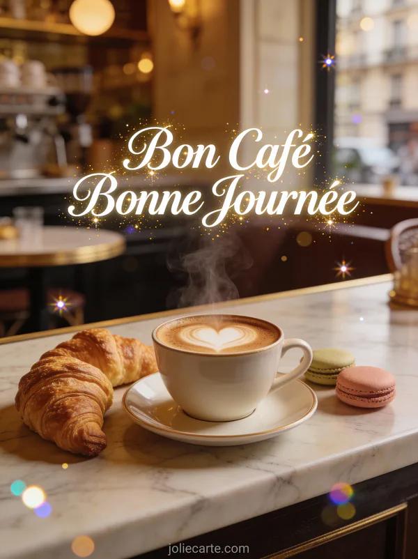 Tasse d'espresso avec latte art coeur croissants et macarons sur comptoir en marbre