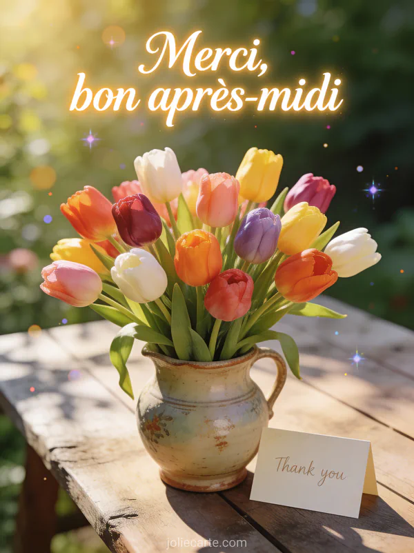 Bouquet de tulipes colorées dans un vase vintage sur table rustique au soleil