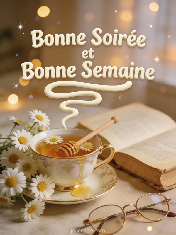 Tasse de tisane camomille avec livre ancien et fleurs, photo bonne soirée bonne semaine