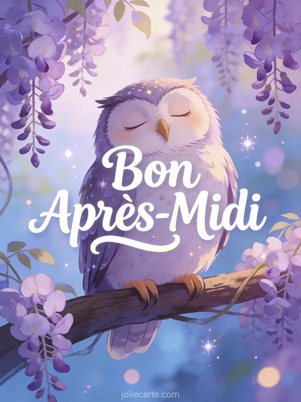 Illustration féerique d'un hibou parmi les glycines mauves dans une forêt magique