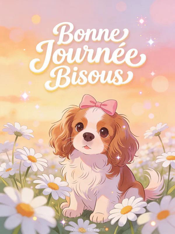 Cavalier King Charles Spaniel avec noeud rose parmi les marguerites blanches au coucher du soleil