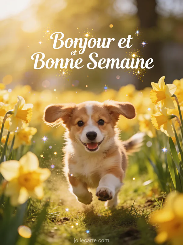 Chiot corgi courant dans un champ de jonquilles au soleil, photo bonjour bonne semaine