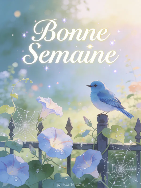 Oiseau bleu sur barrière de jardin avec ipomées et rosée, illustration bonne semaine bonjour