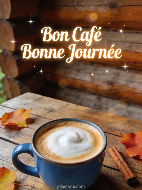 Cappuccino dans tasse céramique bleue sur table en bois avec cannelle et feuilles d'automne