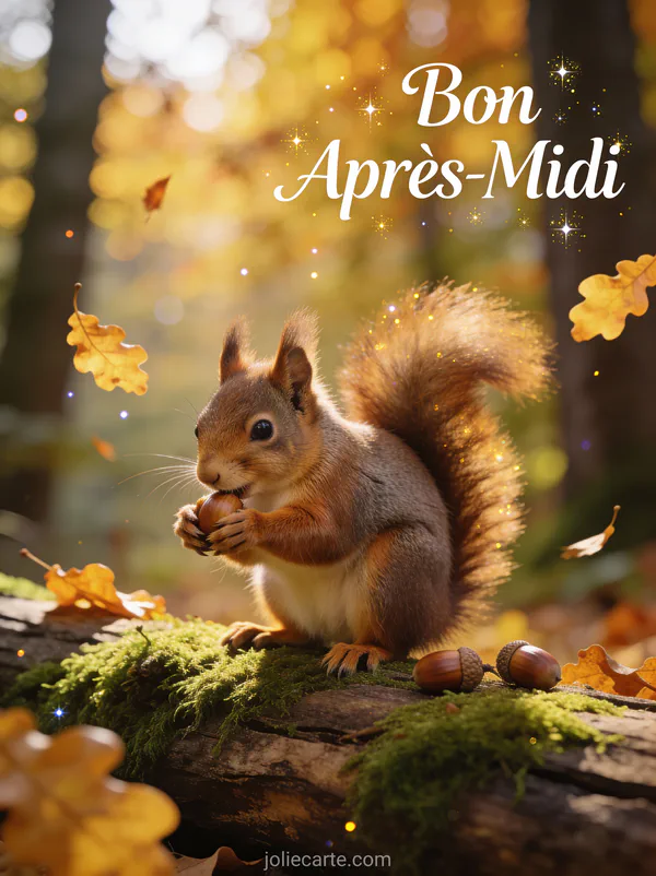 Écureuil grignotant des glands sur une bûche dans une forêt d'automne aux feuilles dorées