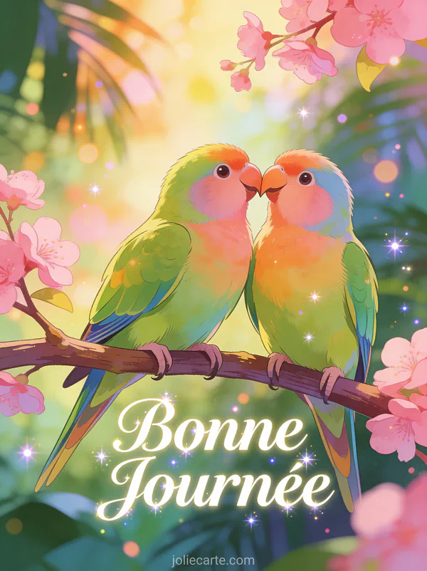 Deux inséparables colorés se touchant le bec sur une branche de fleurs roses tropicales