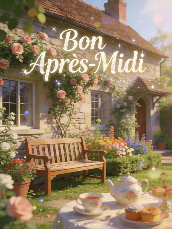 Illustration d'un jardin de cottage anglais avec roses grimpantes et banc en bois