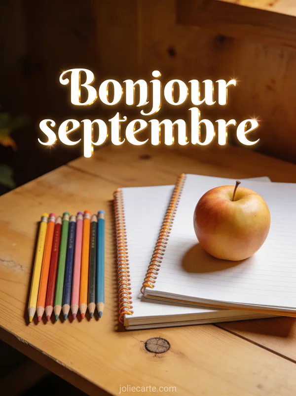 Bureau avec cahiers neufs, crayons de couleur et pomme pour la rentrée