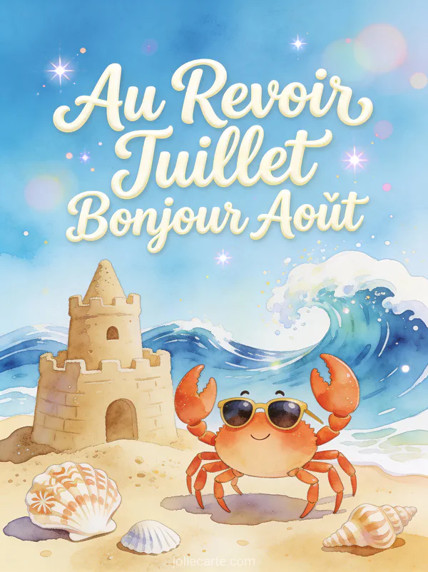 Illustration aquarelle d'un crabe avec lunettes de soleil sur une plage avec château de sable