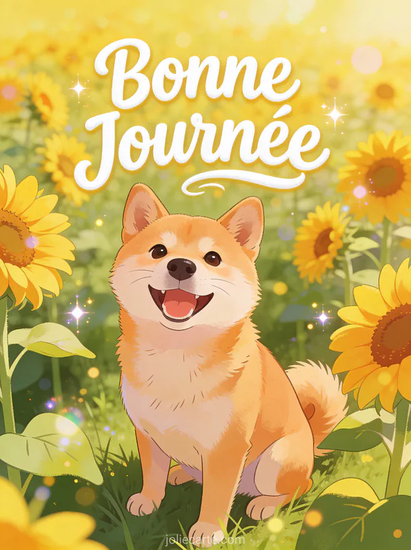 Shiba Inu souriant dans un champ de tournesols jaunes sous le soleil d'été