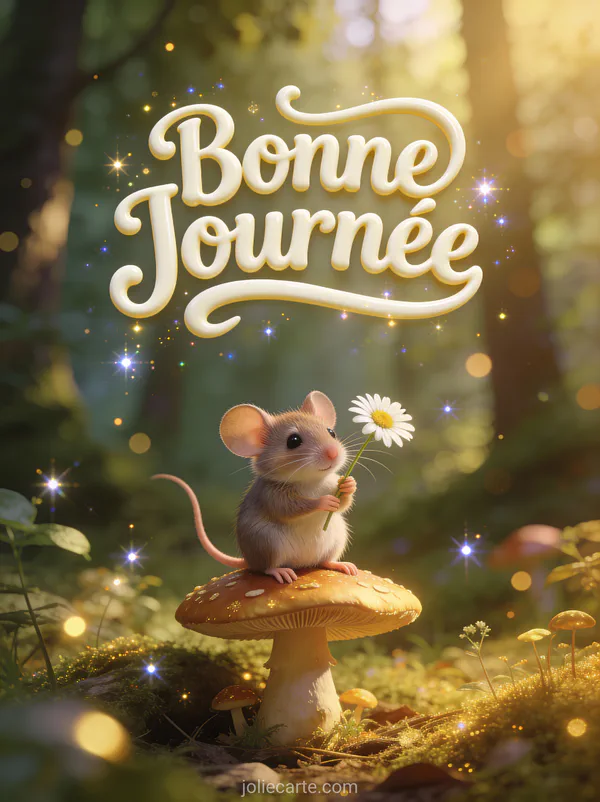 Petite souris mignonne tenant une marguerite sur un champignon dans une forêt enchantée