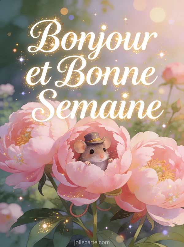 Petite souris avec chapeau dans des pivoines roses, illustration bonjour bonne semaine