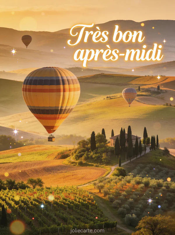 Montgolfières survolant les collines toscanes avec vignobles et cyprès au soleil couchant