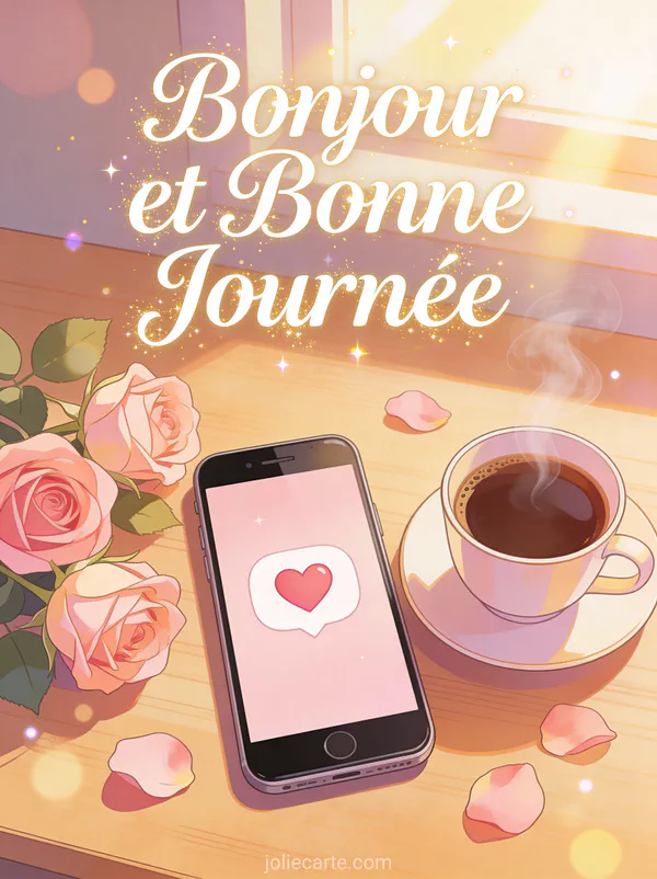 Smartphone avec message coeur sur bureau en bois avec café et roses dans la lumière du matin