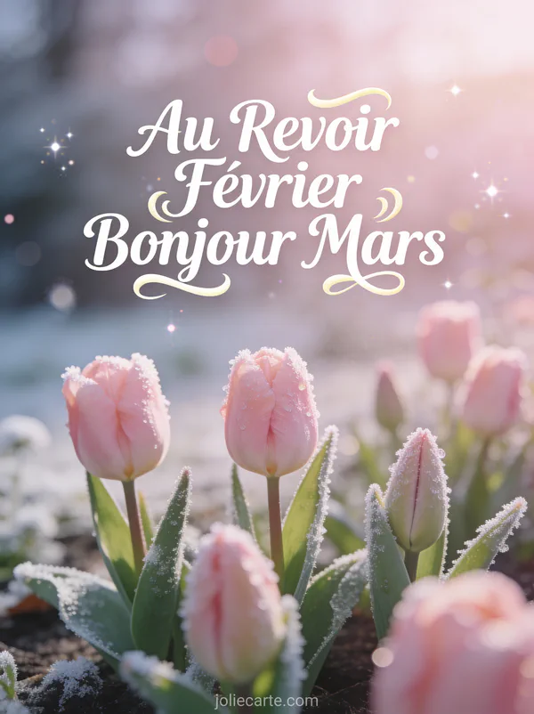 Tulipes roses et blanches émergeant dans un jardin avec le givre qui fond