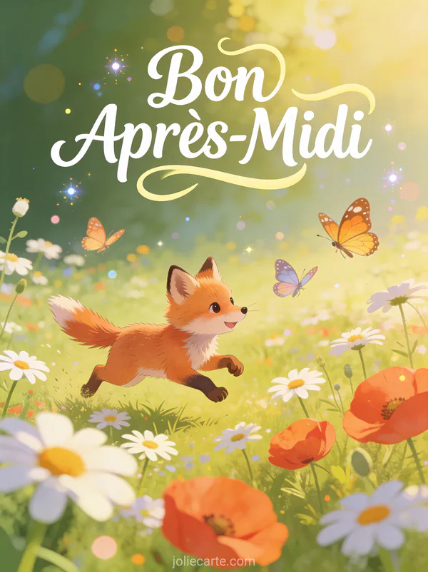 Illustration d'un renardeau chassant des papillons dans une prairie de marguerites et coquelicots