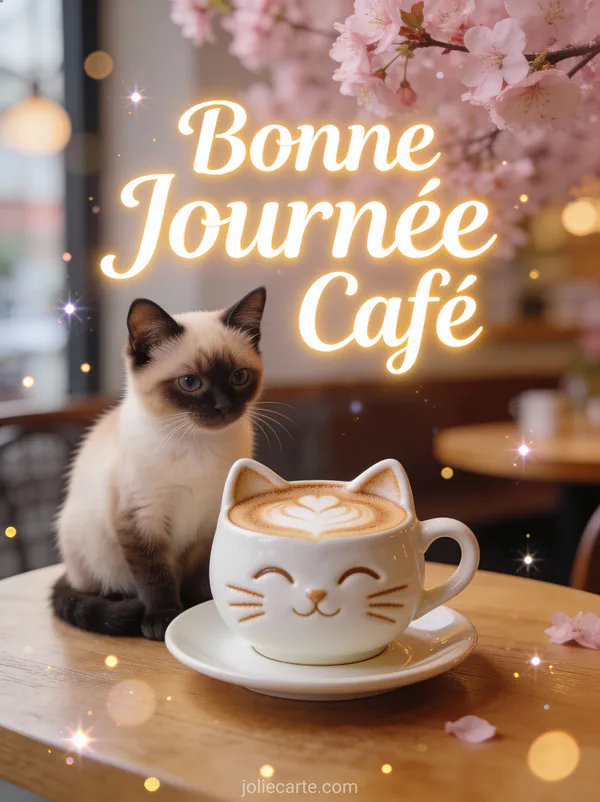 Chat siamois élégant à côté d'un latte art en forme de chat avec cerisiers en fleurs