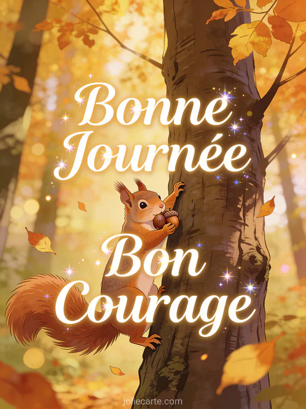 Écureuil déterminé portant des glands dans un arbre avec feuilles dorées d'automne