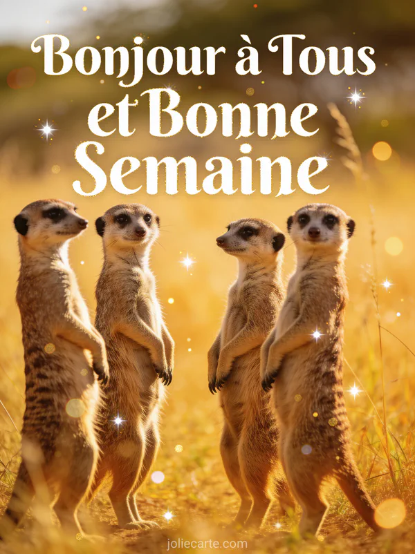 Groupe de suricates debout dans la savane dorée, photo bonjour à tous bonne semaine