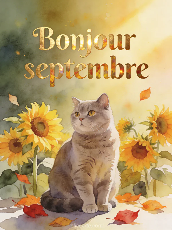 Illustration aquarelle d'un chat british shorthair parmi des tournesols et des feuilles d'automne