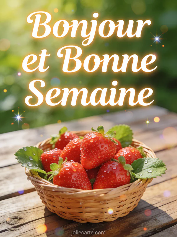 Panier de fraises fraîches avec gouttelettes d'eau sur table en bois, photo bonjour bonne semaine