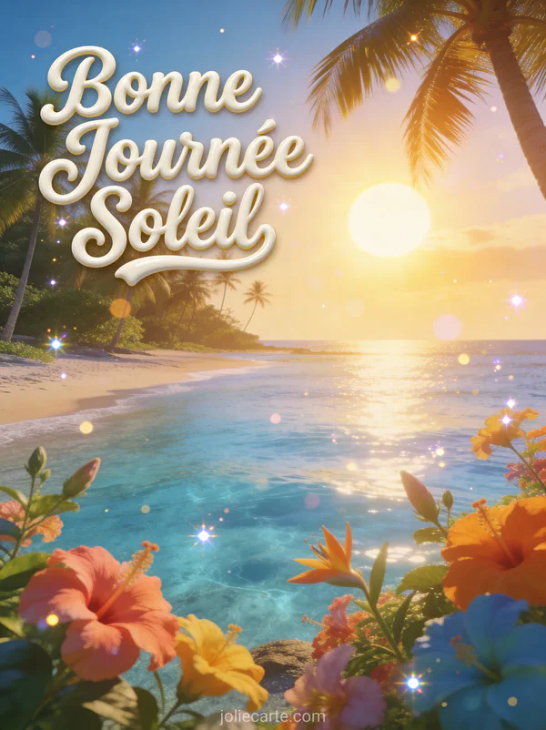 Lever de soleil sur plage tropicale avec palmiers eau cristalline et fleurs colorées