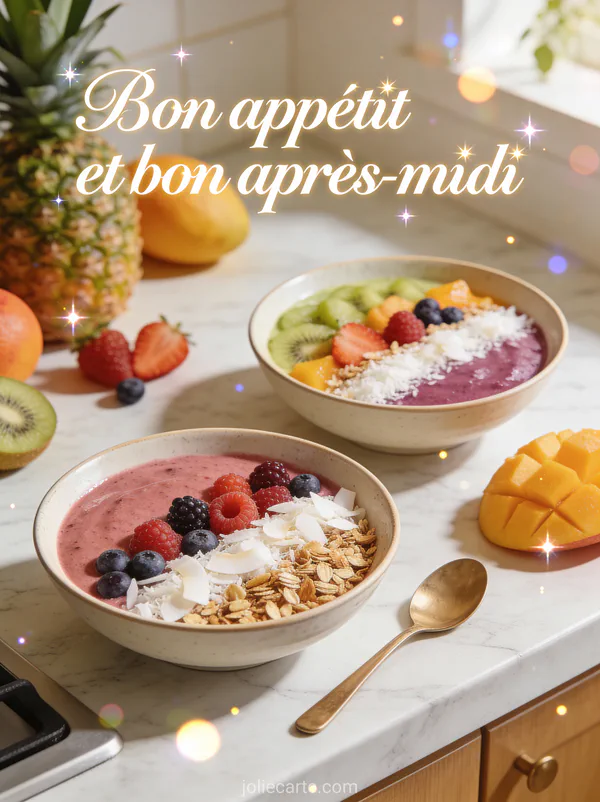 Smoothie bowls colorés garnis de baies, noix de coco et granola avec fruits tropicaux
