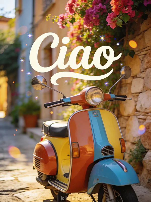 Vespa colorée garée dans une ruelle méditerranéenne avec des bougainvilliers