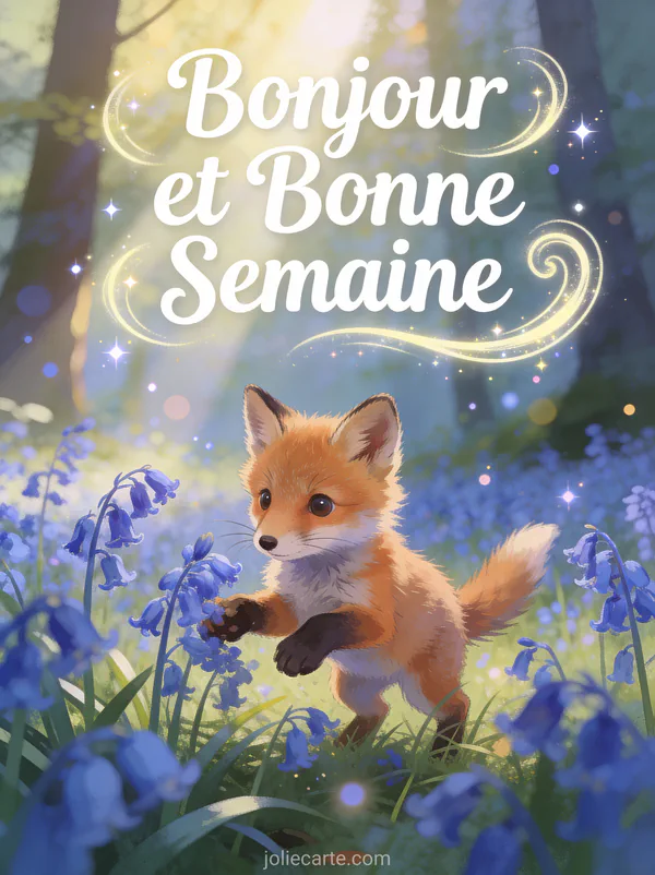 Bébé renard jouant dans un champ de jacinthes des bois, illustration bonjour bonne semaine