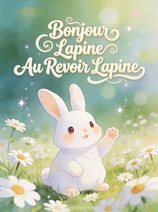 Illustration aquarelle d'une lapine blanche faisant signe dans une prairie de marguerites