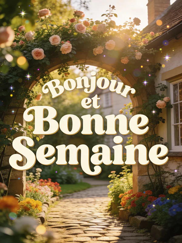 Jardin anglais avec arche de roses et chemin de pavés au soleil, photo bonjour bonne semaine