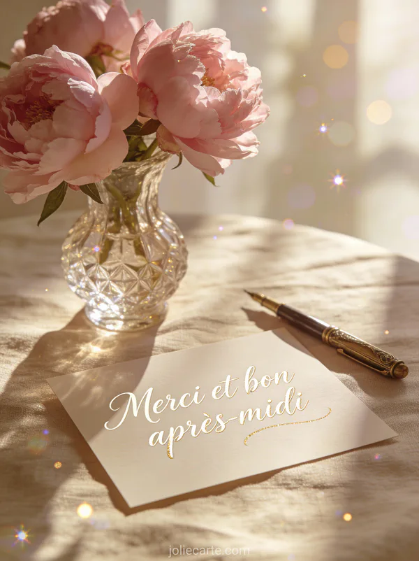 Pivoines roses en vase cristal avec carte de remerciement manuscrite et stylo vintage