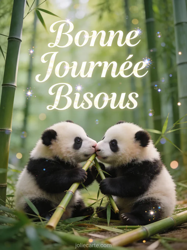Deux bébés pandas se faisant un bisou dans une forêt de bambous verts