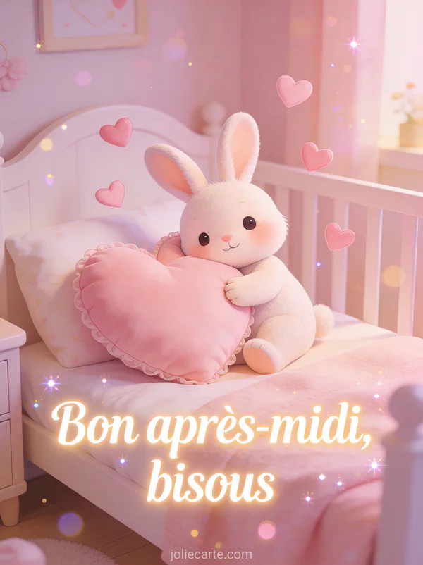 Illustration kawaii d'un bébé lapin câlinant un coussin coeur rose