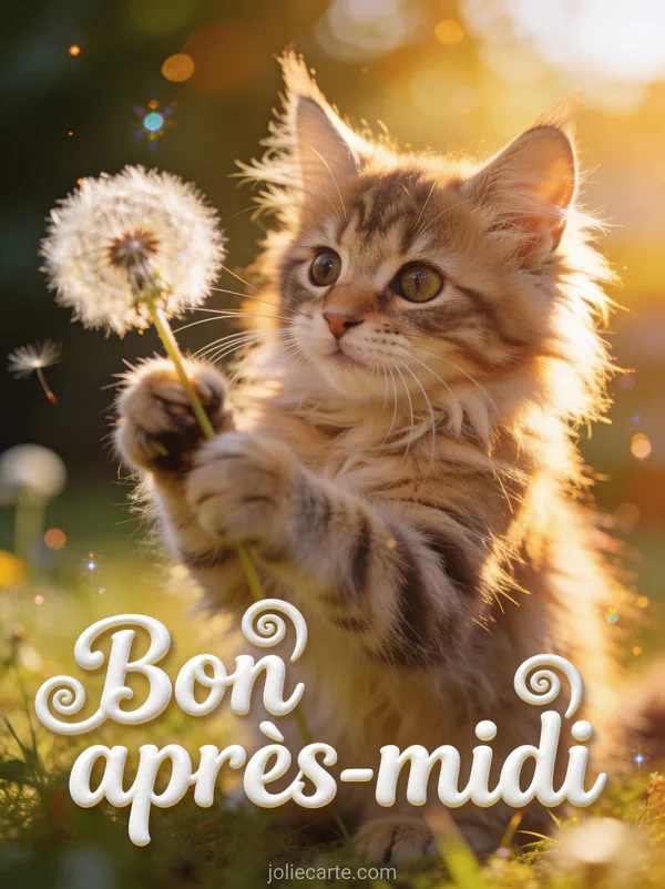 Chaton Maine Coon aux grands yeux jouant avec un pissenlit en contre-jour