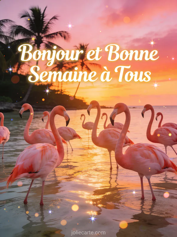 Flamants roses dans eaux tropicales au coucher du soleil avec palmiers, photo bonjour bonne semaine