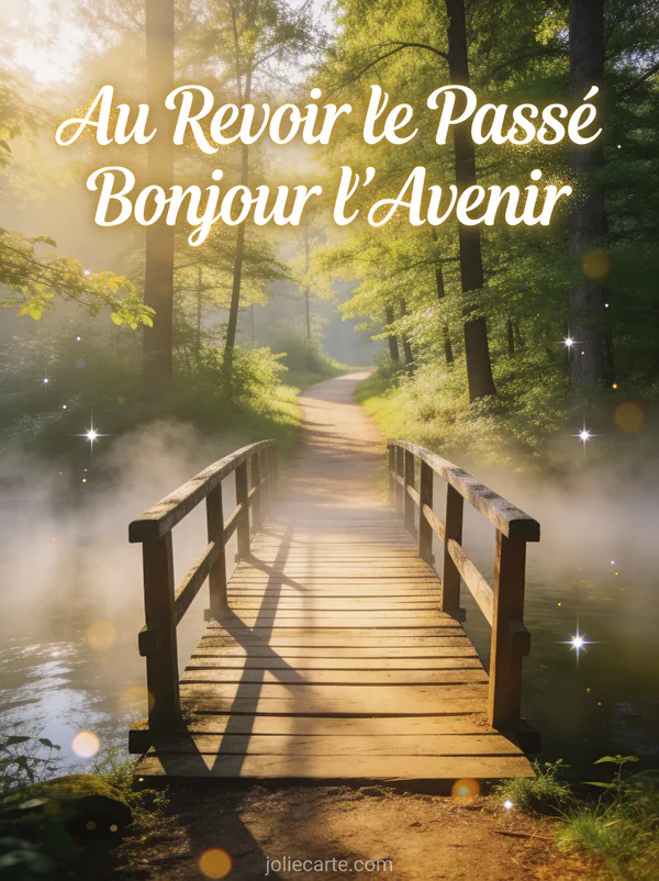 Pont de bois traversant une brume vers un chemin forestier lumineux