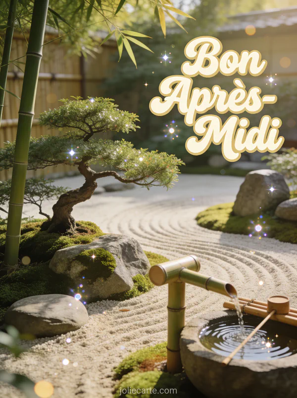 Jardin zen japonais avec sable ratissé, bonsaïs et fontaine en bambou