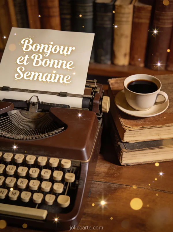 Machine à écrire vintage avec café et livres anciens, photo bonjour bonne semaine citation