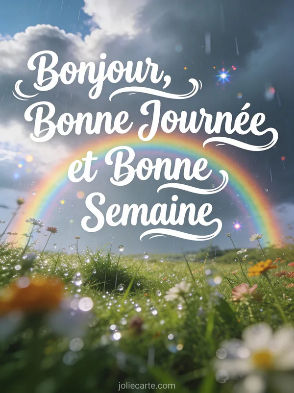 Arc-en-ciel au-dessus d'une prairie fleurie après la pluie, photo bonjour bonne semaine